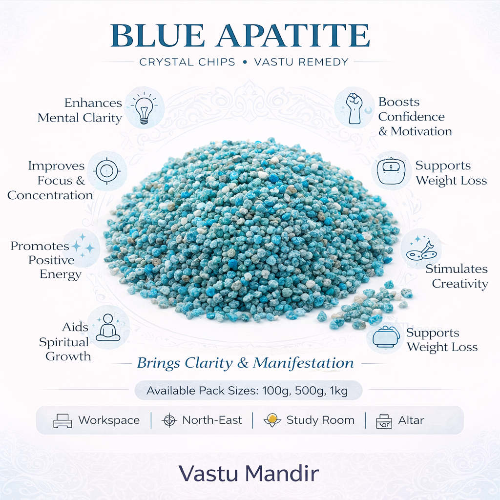 Blue apatite crystal chips infographic listing visible product features and suggested placement