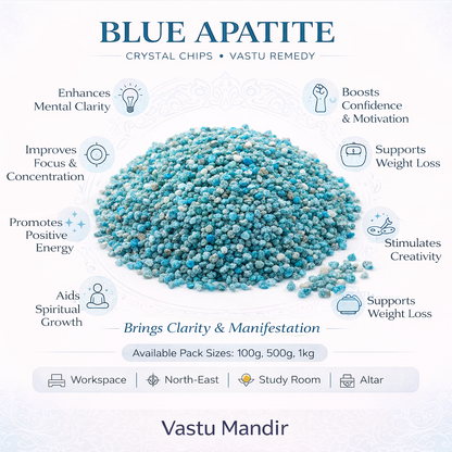 Blue apatite crystal chips infographic listing visible product features and suggested placement