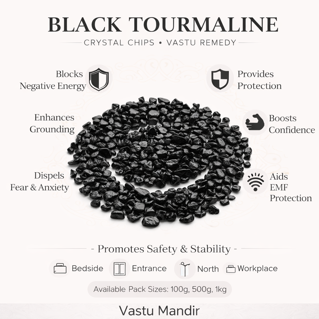 Black tourmaline crystal chips infographic listing visible product features and suggested placement