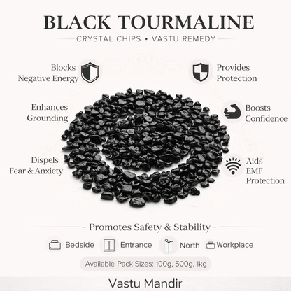 Black tourmaline crystal chips infographic listing visible product features and suggested placement