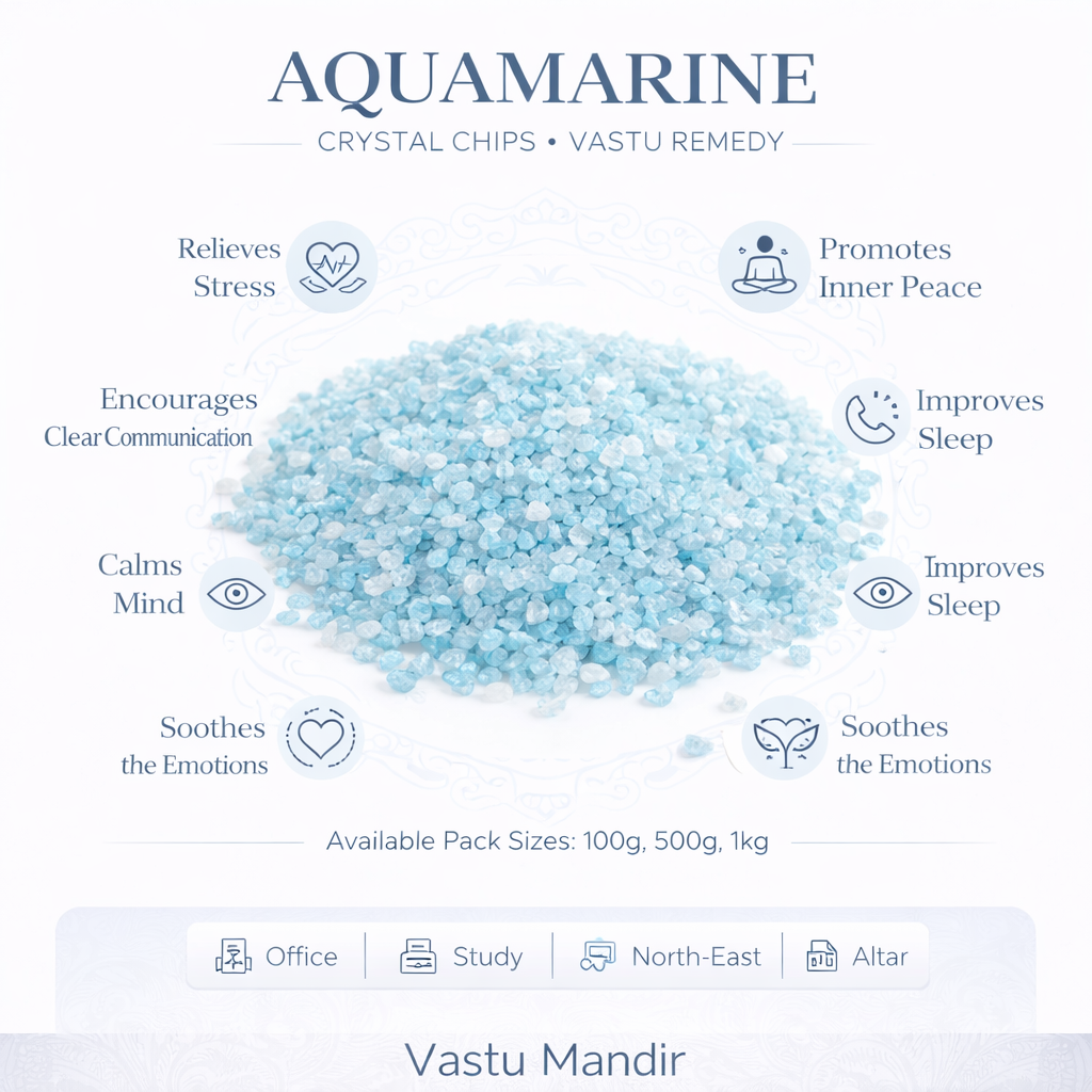 Aquamarine crystal chips infographic listing visible product features and suggested placement