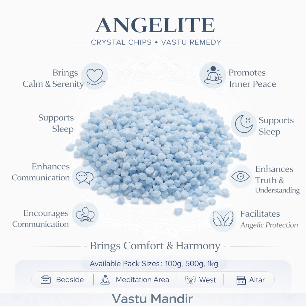 Angelite crystal chips infographic listing visible product features and suggested placement