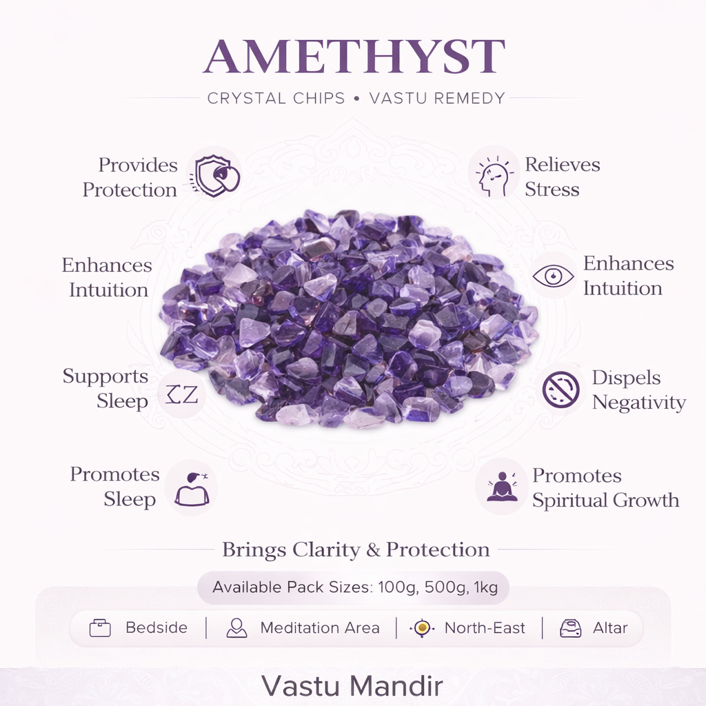 Amethyst crystal chips infographic listing visible product features and suggested placement
