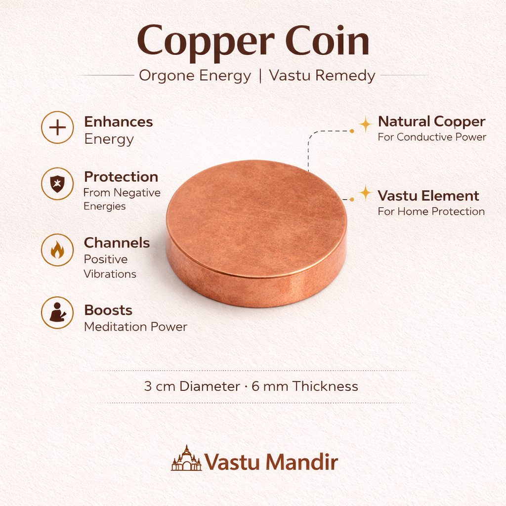 Copper coin with benefits listed on a white background, branded by Vastu Mandir.