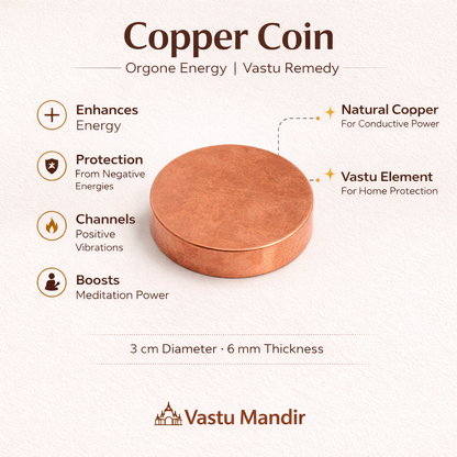 Copper coin with benefits listed on a white background, branded by Vastu Mandir.