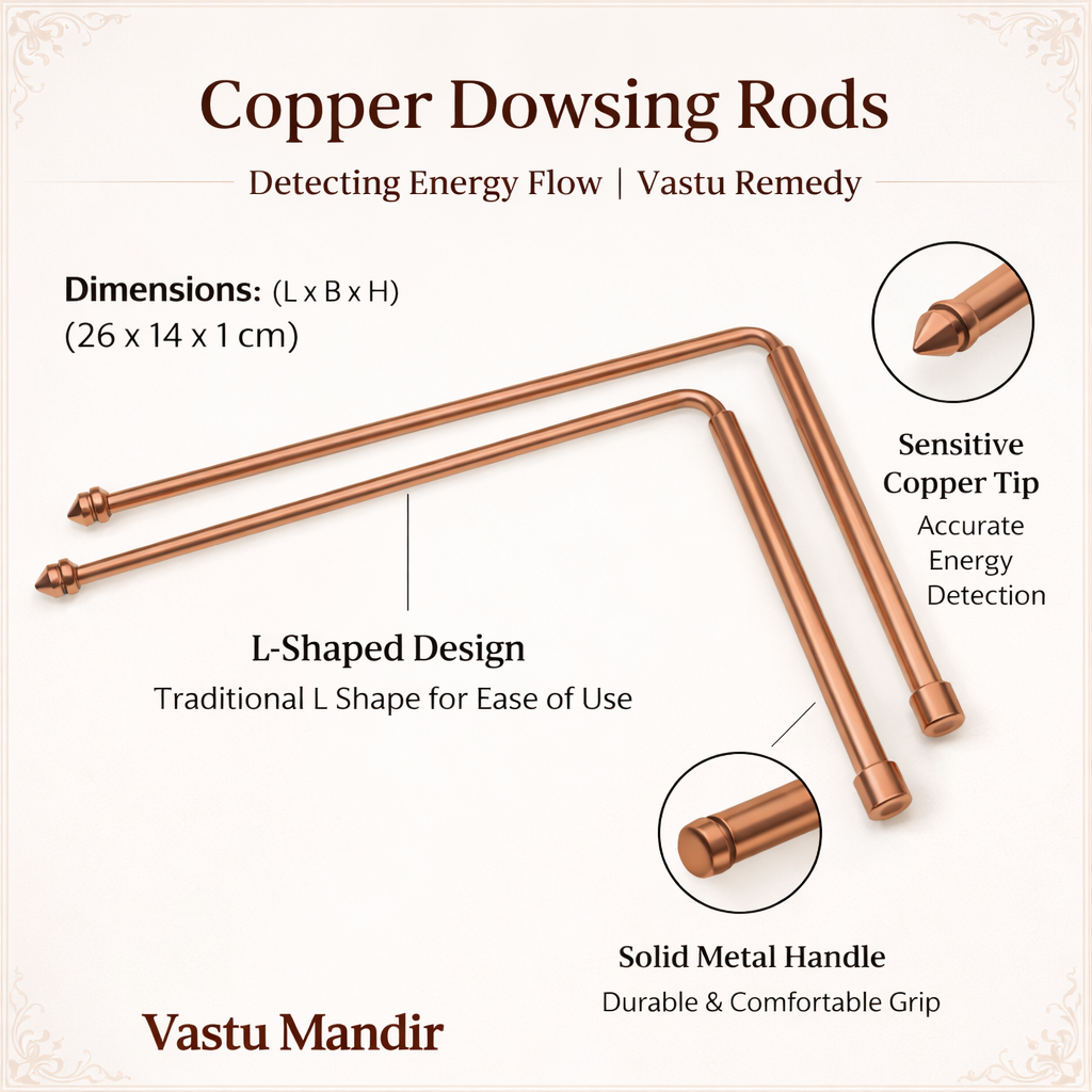 Copper dowsing rod infographic showing L shape, sensitive tips and solid handles