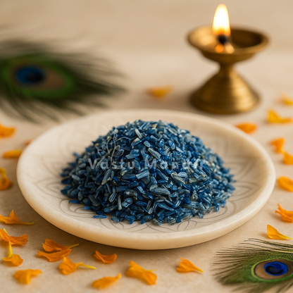 Blue opal crystal dust displayed in a softly lit product setting