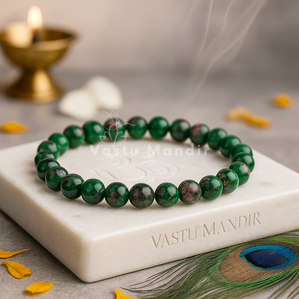 100% Natural Unakite Gemstone on a marble stand with 'Vastu Mandir' branding, peacock feather, and candles in the background.