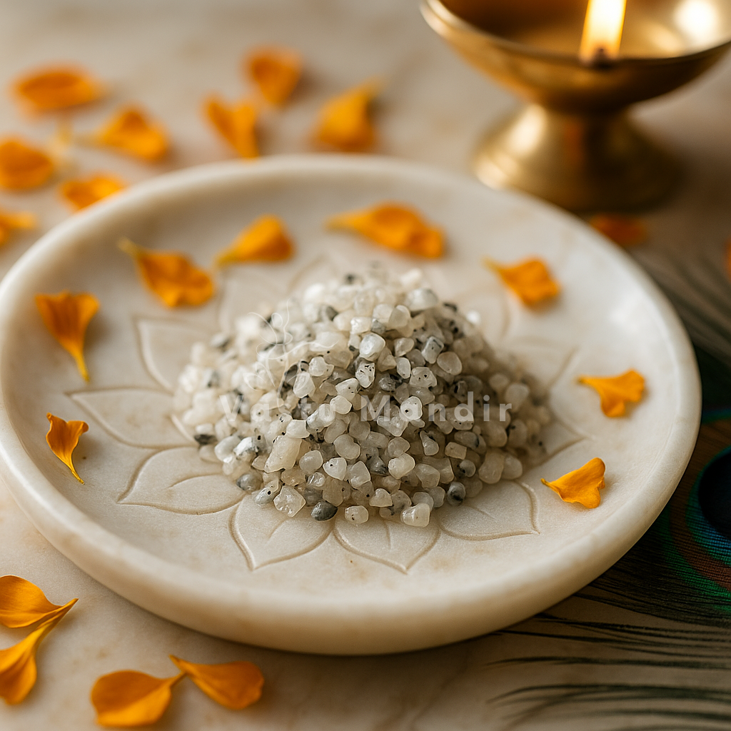 Angled view of moonstone crystal chips on a white plate with marigold petals and a peacock feather
