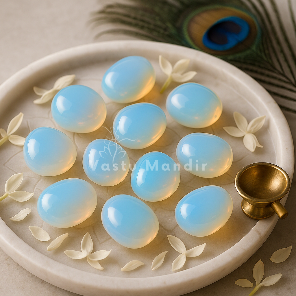 Opalite tumbled stones arranged on a carved white plate with marigold petals and a softly lit diya