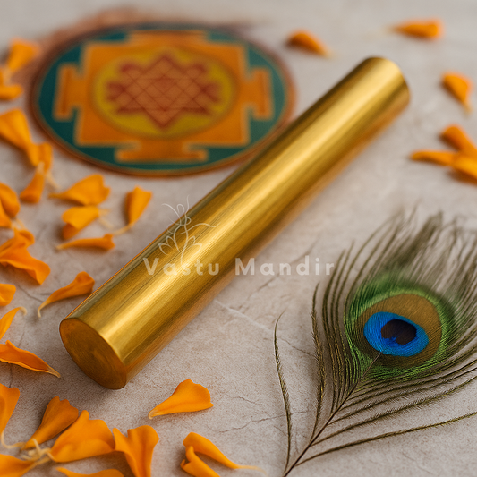 Brass geopathic neutralizer rod displayed with marigold petals and peacock feather