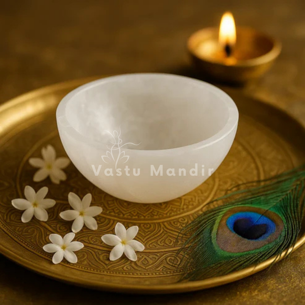 Round selenite charging bowl shown held in a hand for scale
