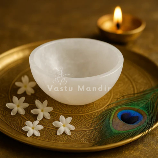 Round selenite charging bowl shown held in a hand for scale