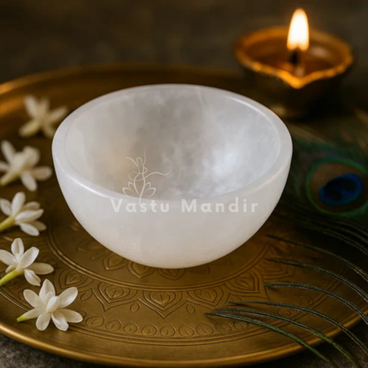 Round selenite charging bowl displayed in a dark, softly lit spiritual setting
