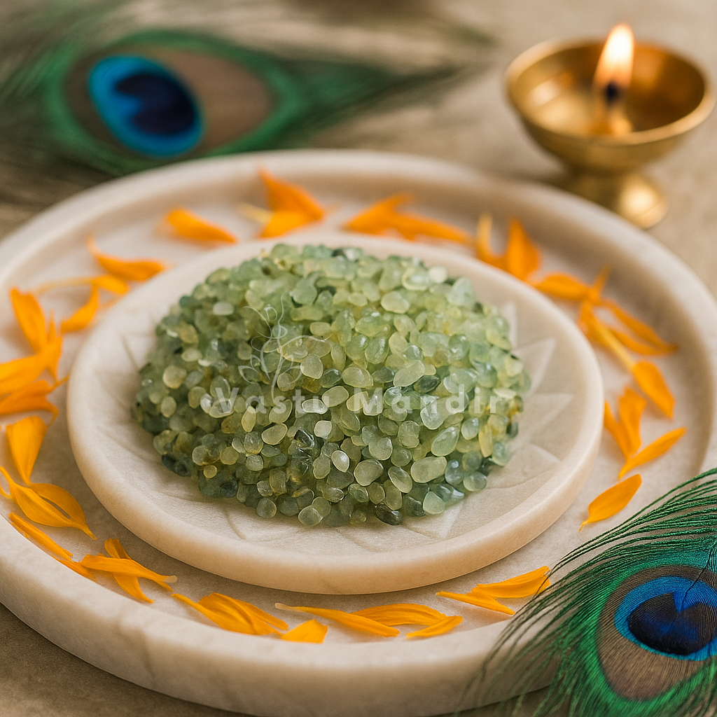 Wide view of prehnite crystal chips displayed on a white plate with brass decor and flower petals