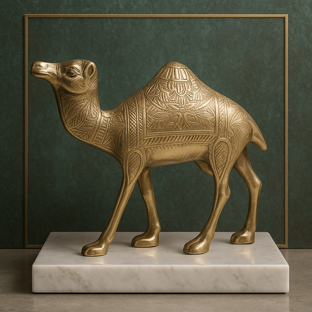 Designer brass camel idol full side view on a dark green backdrop