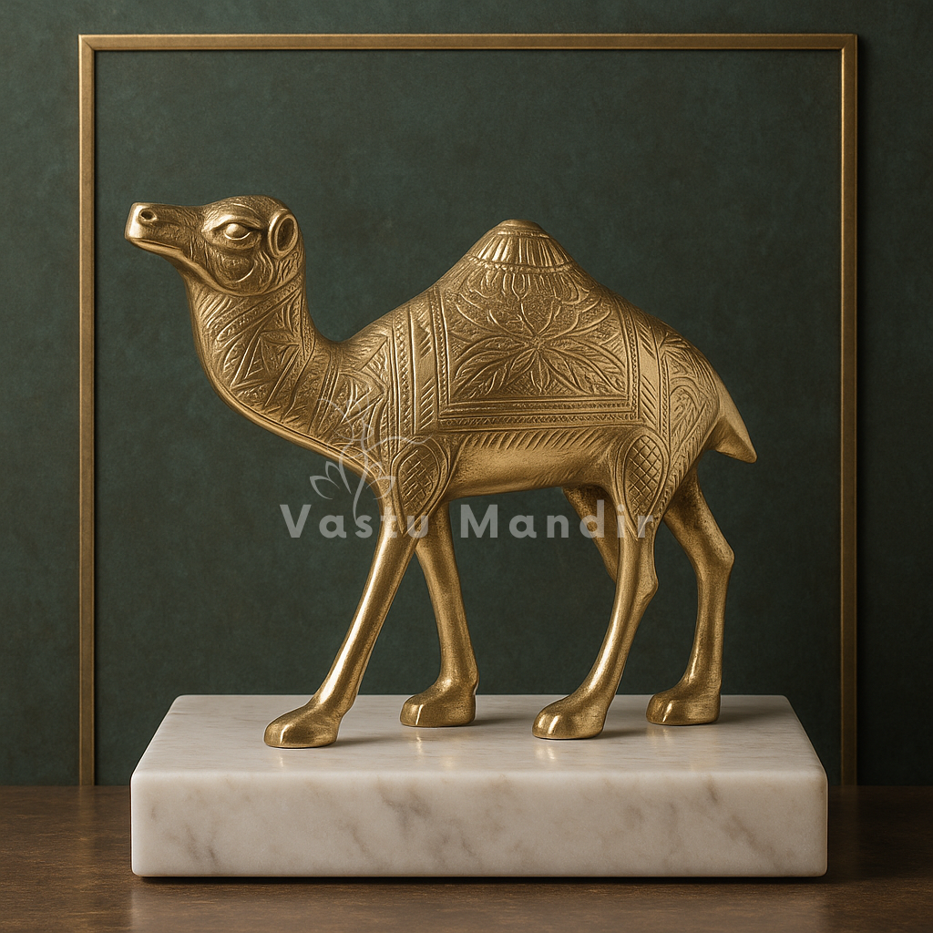 Designer brass camel idol left-facing view on a white plinth against a dark green panel