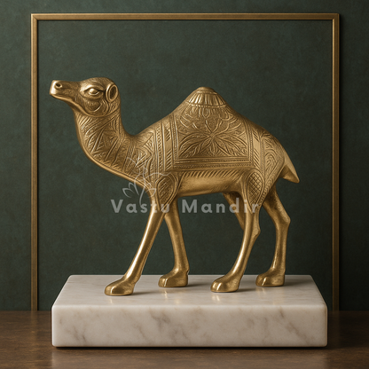 Designer brass camel idol left-facing view on a white plinth against a dark green panel