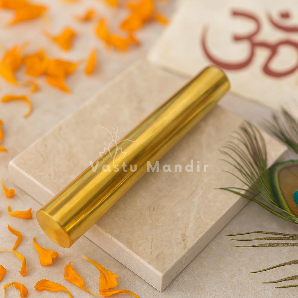 Brass geopathic neutralizer rod placed diagonally on a light stone block