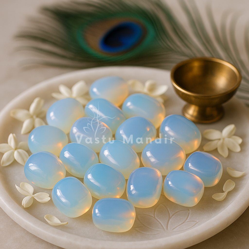 Wide view of opalite tumbled stones displayed on a white plate with brass decor and flower petals