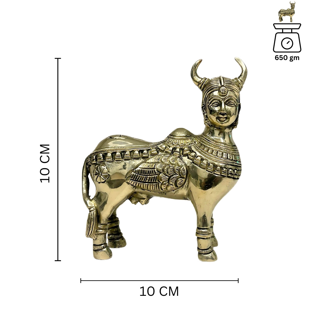 Brass Kamdhenu cow idol dimension diagram showing 10 cm width and 10 cm height