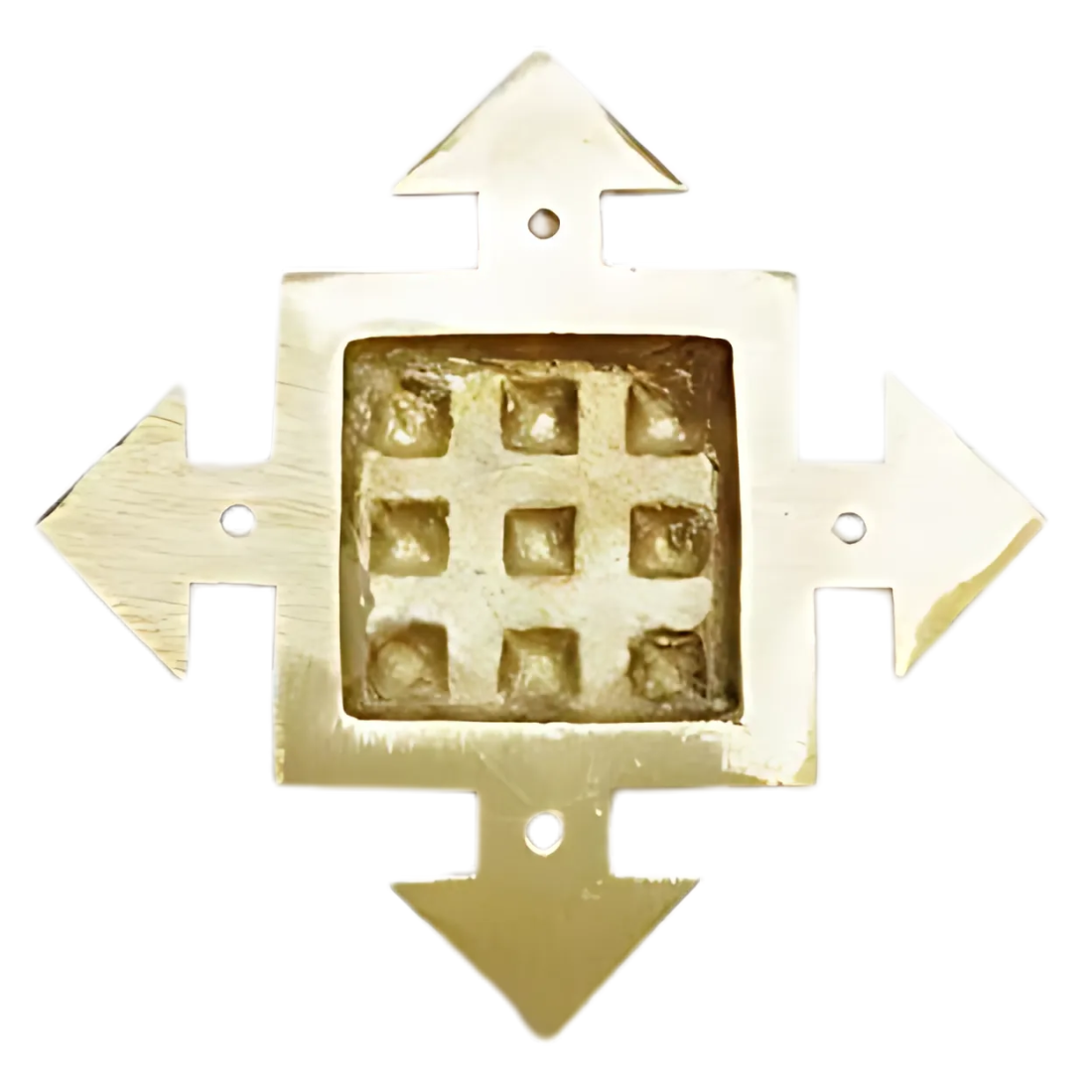 Front view of the brass arrow plate with geometric detailing