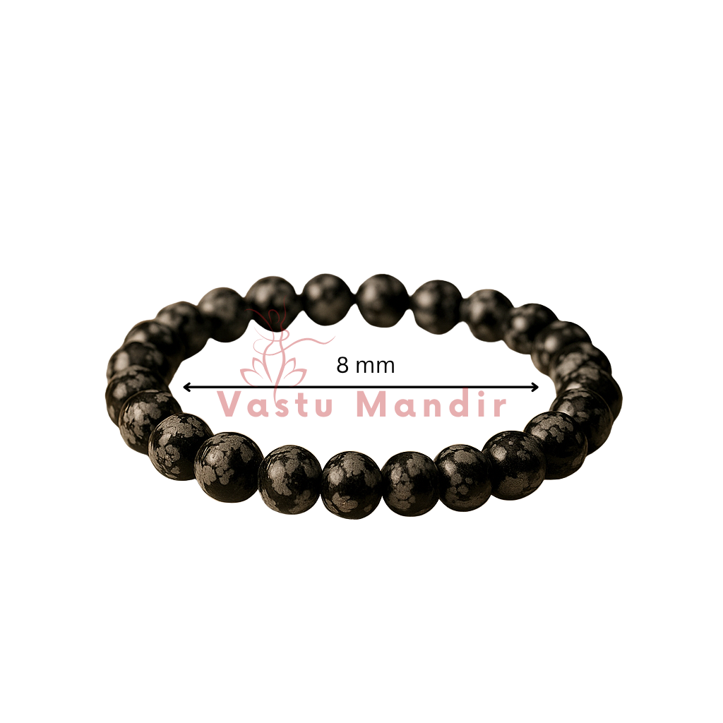 100% Natural Snowflake Obsidian beads with distinctive black base and white snowflake-like cristobalite inclusions with size label '8 mm' on a white background, branded 'Vastu Mandir'.