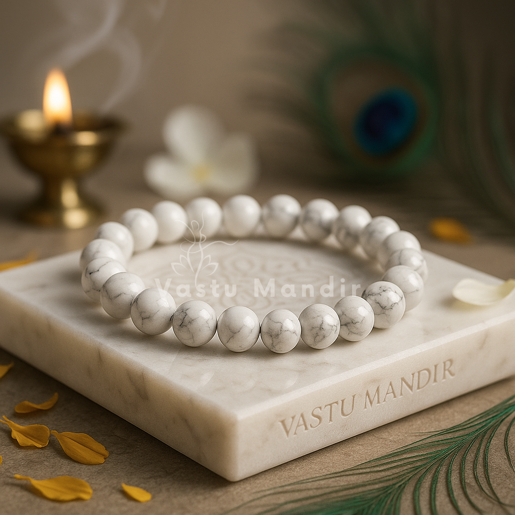 Premium howlite - White beaded bracelet on a marble slab with 'Vastu Mandir' branding, surrounded by decorative elements.