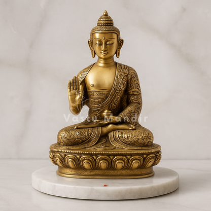 Brass Buddha idol front view seated on a white marble pedestal