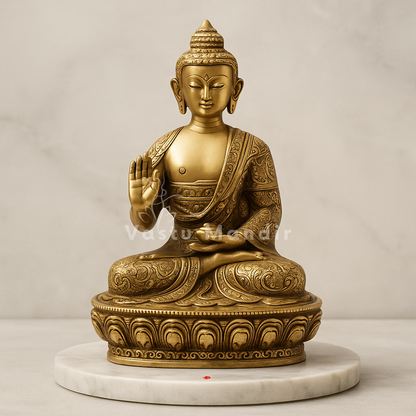 Brass Buddha idol alternate front angle on a white marble pedestal