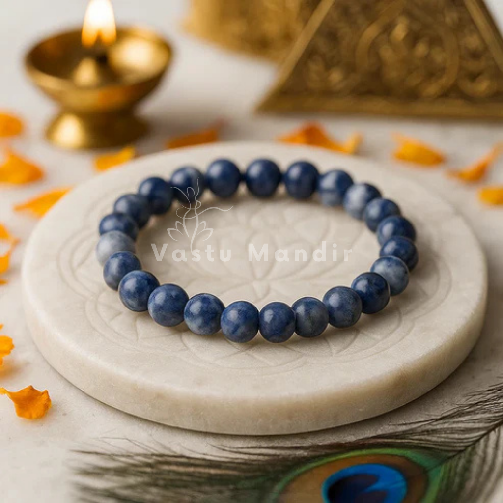 100% Natural Sodalite beads with deep blue color and white veining on a marble surface with decorative elements in the background