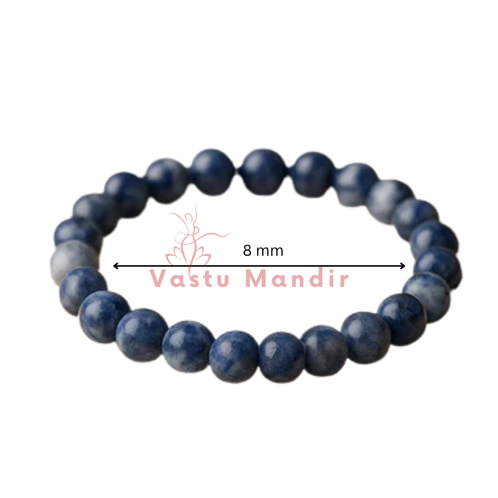 100% Natural Sodalite beads with deep blue color and white veining with 'Vastu Mandir' branding and size indication on a white background