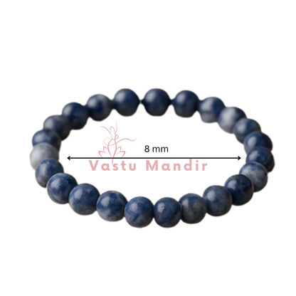 100% Natural Sodalite beads with deep blue color and white veining with 'Vastu Mandir' branding and size indication on a white background