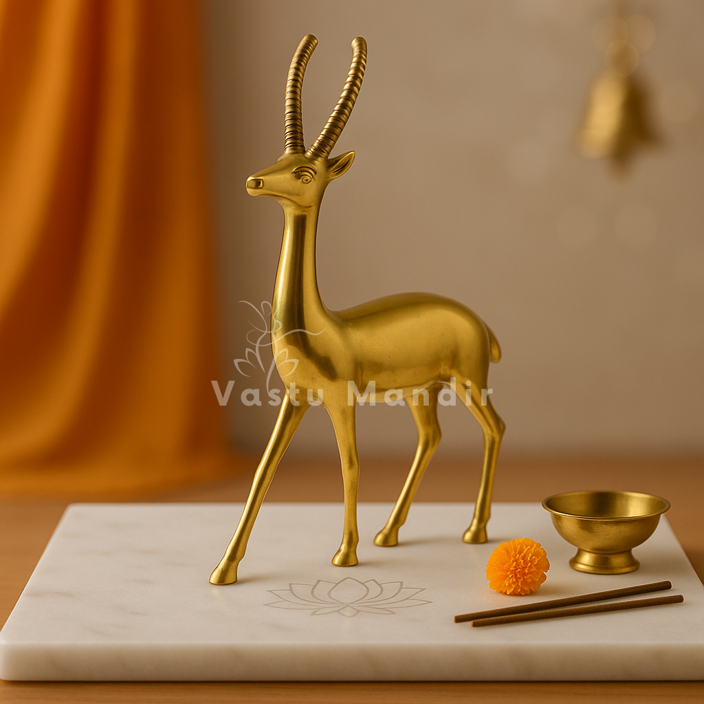 Handcrafted brass deer idol Vastu remedy presented in a clear lifestyle setting
