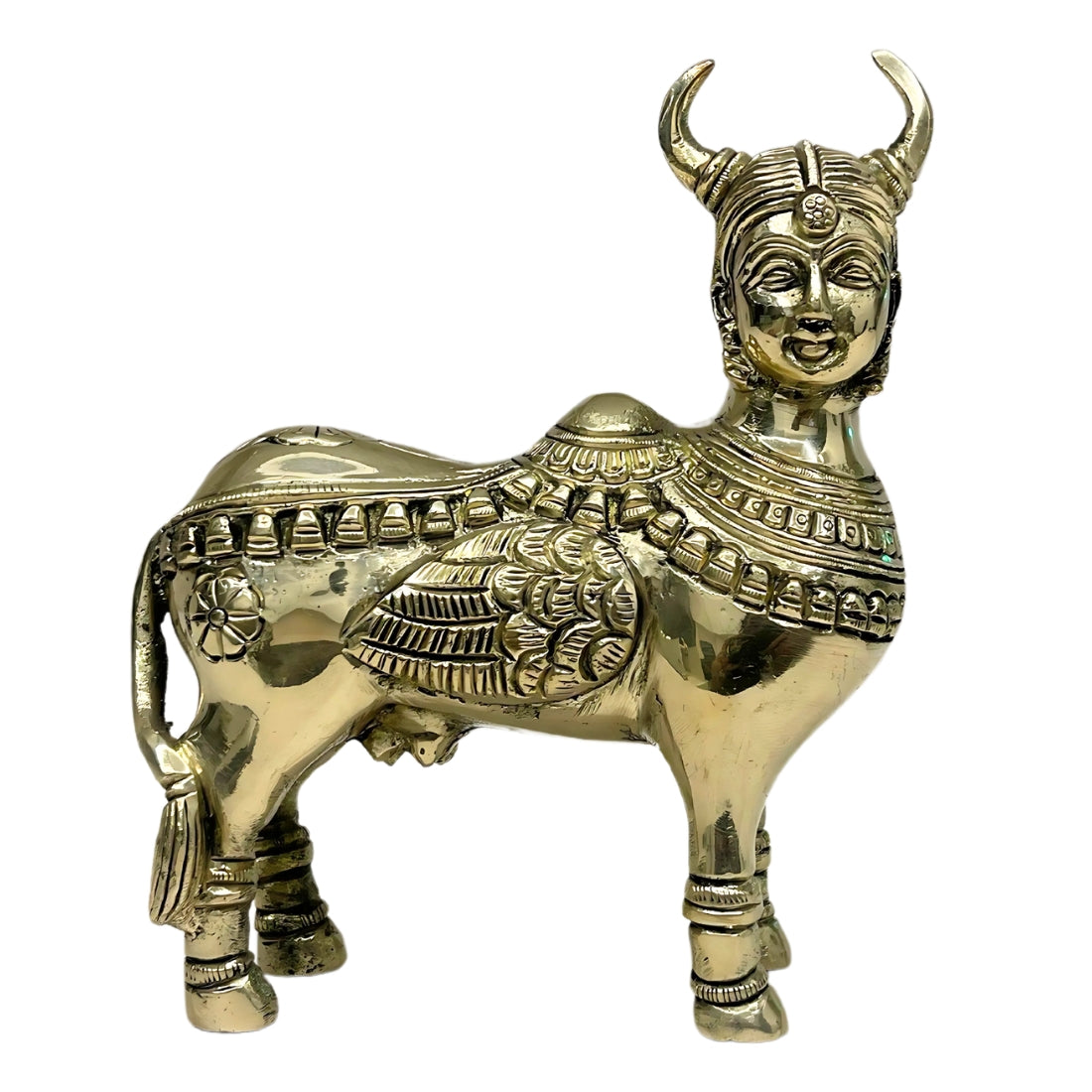 Brass Kamdhenu cow idol left-side view isolated on white background