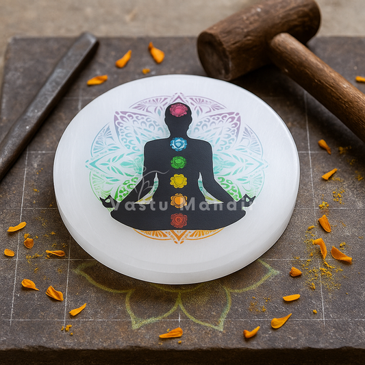 Aura color selenite plate displayed in a dark, softly lit spiritual setting