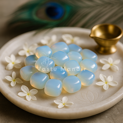 Top view of opalite stones in a shallow round dish with peacock feather decor