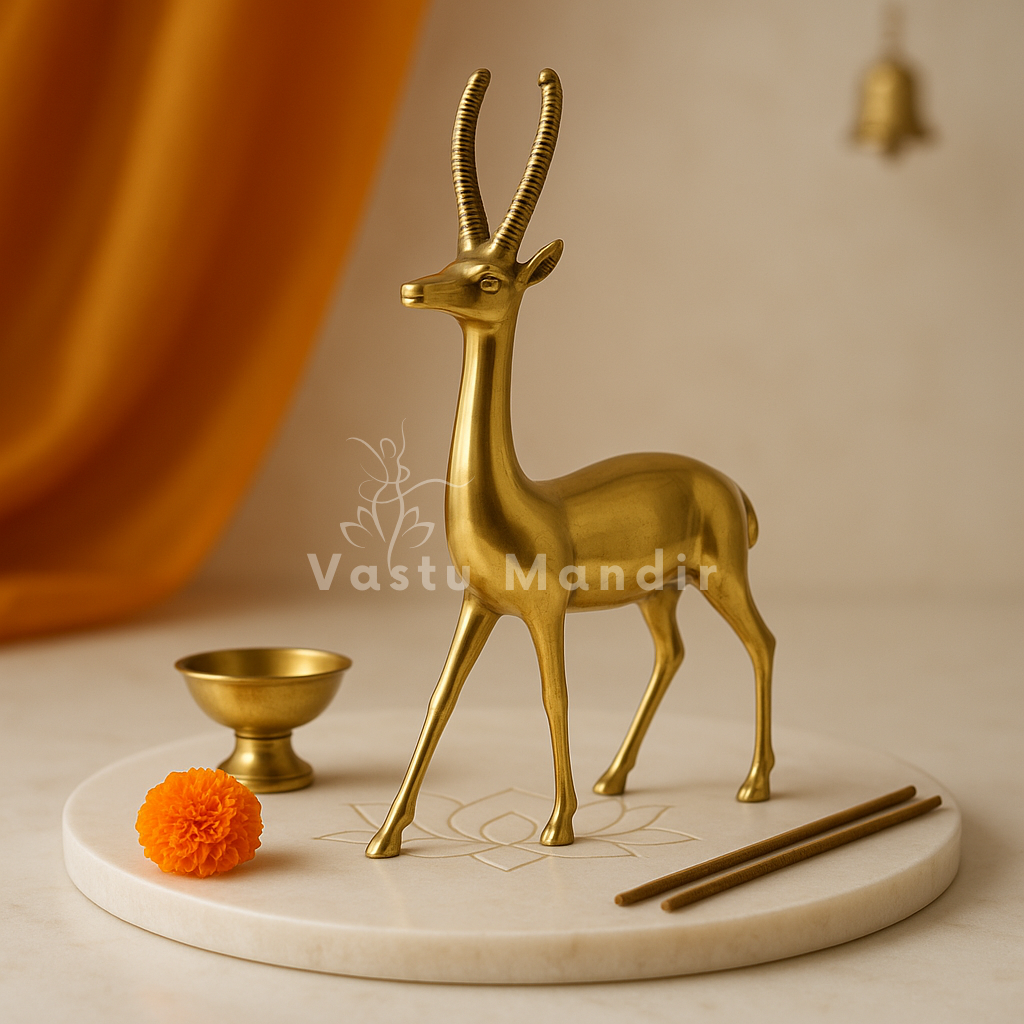 Handcrafted brass deer idol Vastu remedy displayed in a softly lit product setting