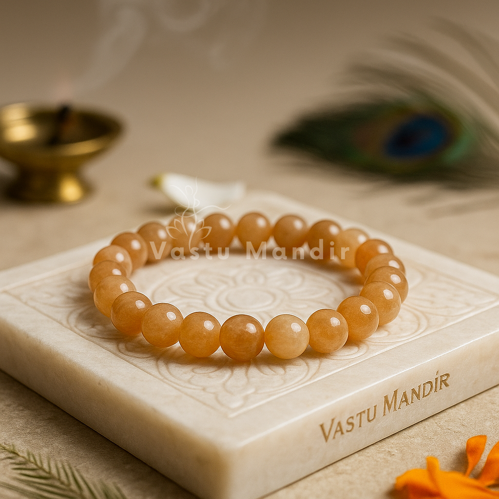 Natural sunstone crystal bracelet shown in a second hand-held product view