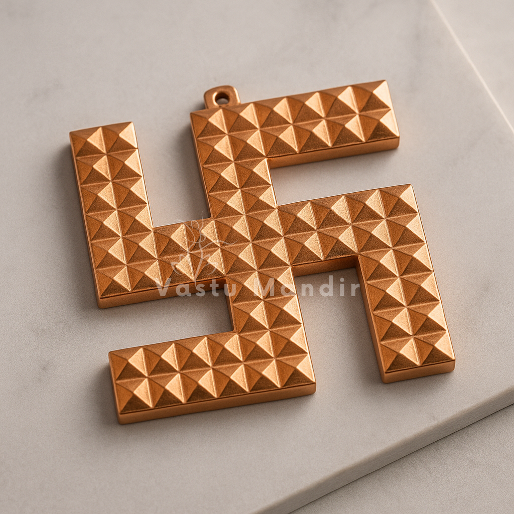Copper swastik with raised pyramid pattern on a light background