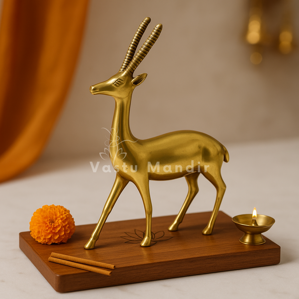 Handcrafted brass deer idol Vastu remedy shown in a close styled product view