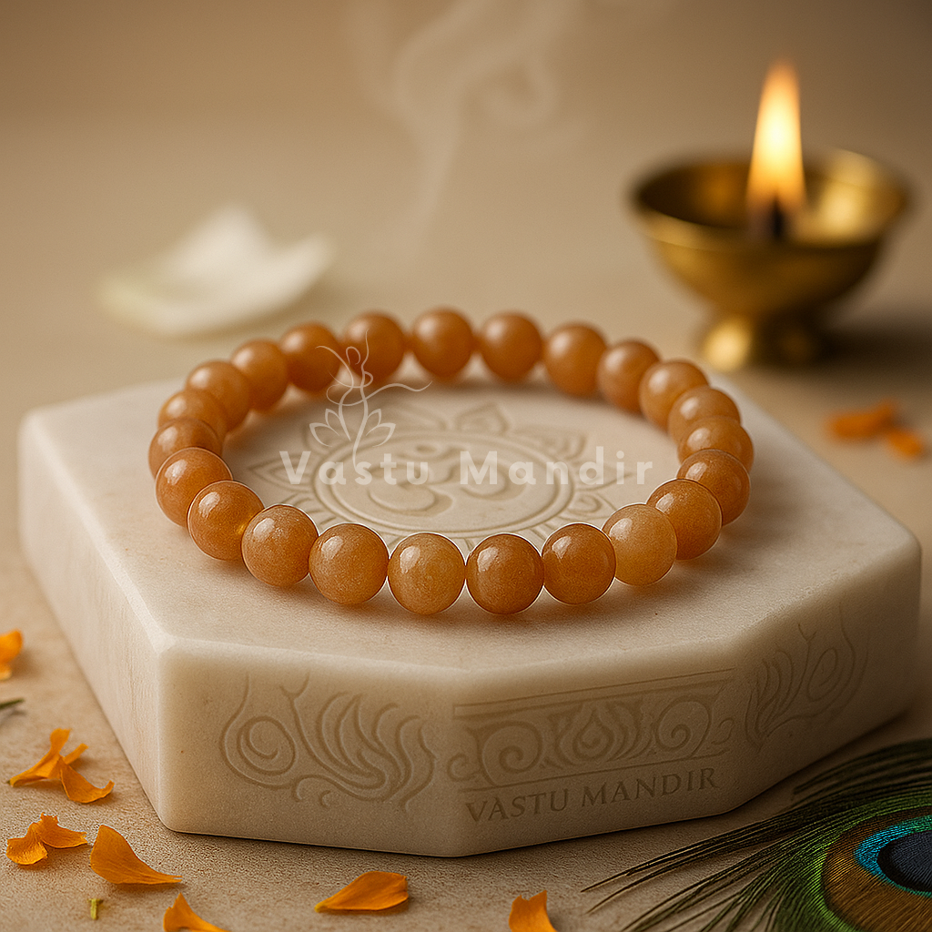 Natural sunstone crystal bracelet shown with a hand in a lifestyle photograph