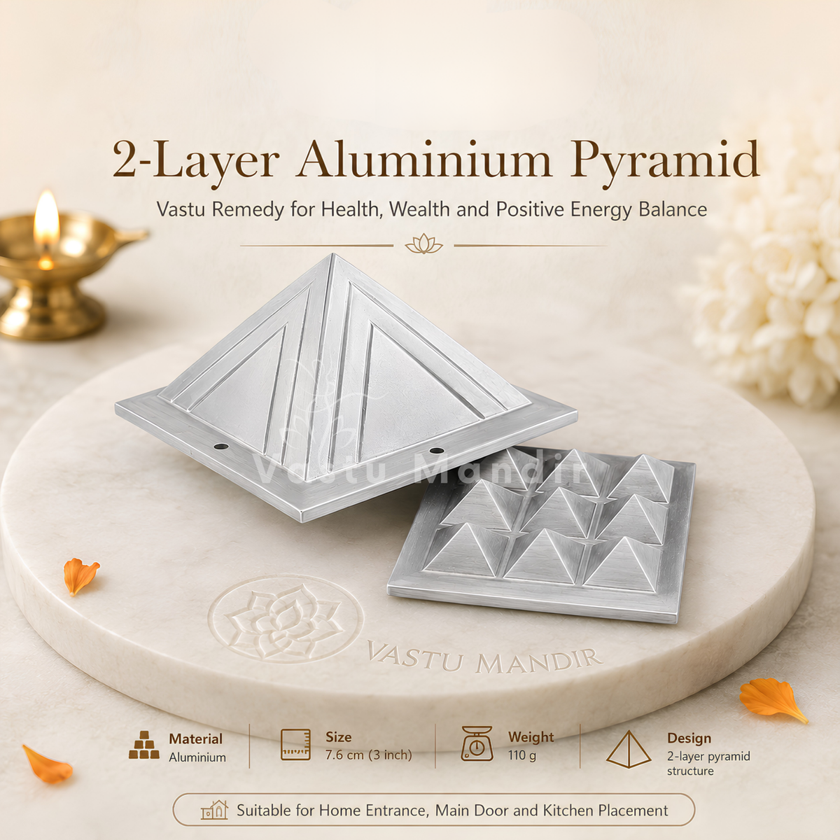 2-Layer Aluminium Pyramid Vastu Remedy for Health, Wealth and Positive Energy Balance for Home Entrance, Main Door and Kitchen Placement | 7.6 cm | 110 g