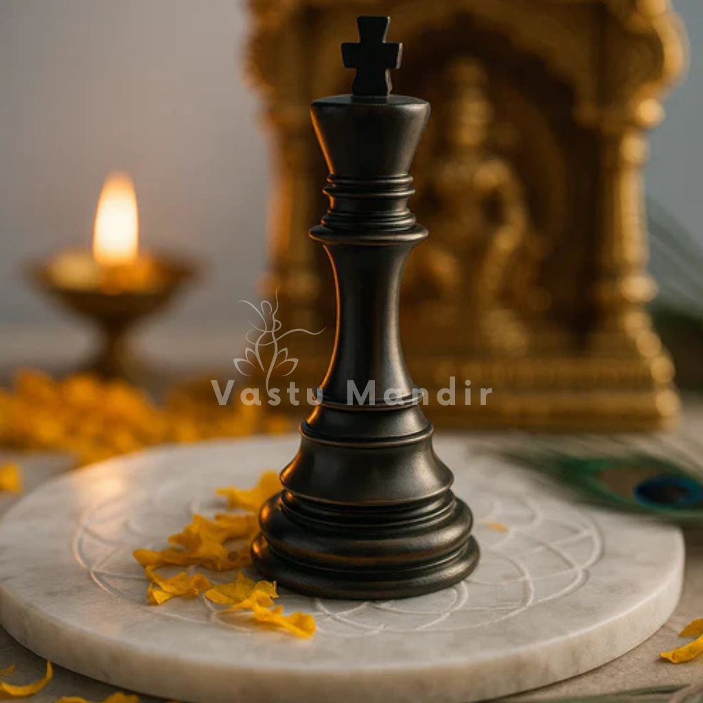 King chess piece resin sculpture displayed with sacred decorative accents
