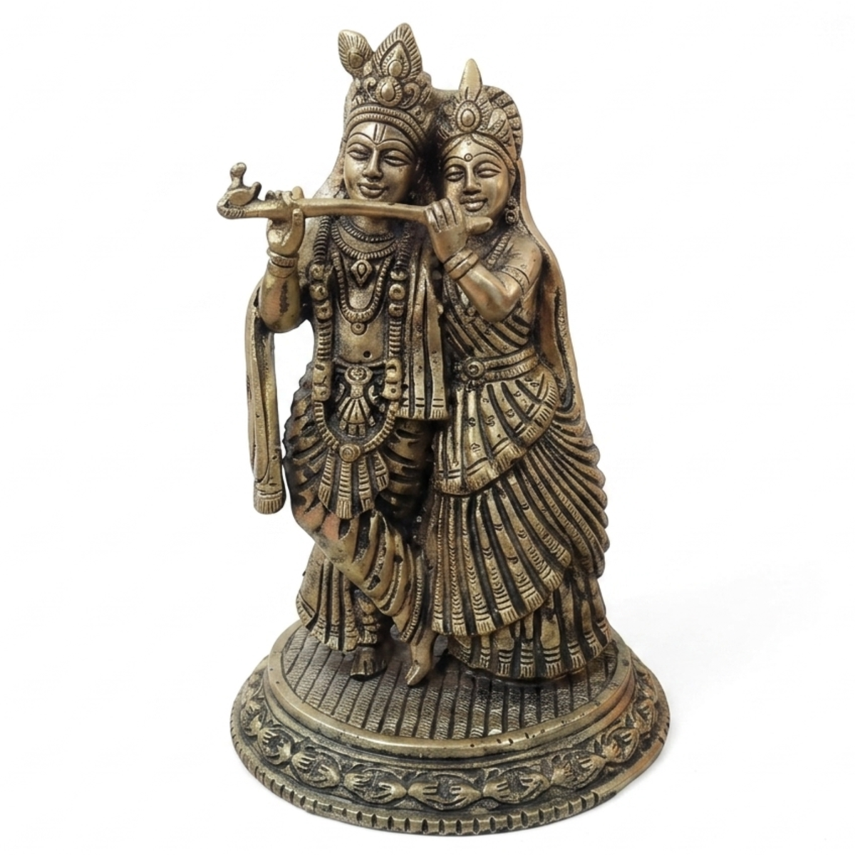 Brass Radha Krishna idol front view isolated on white background