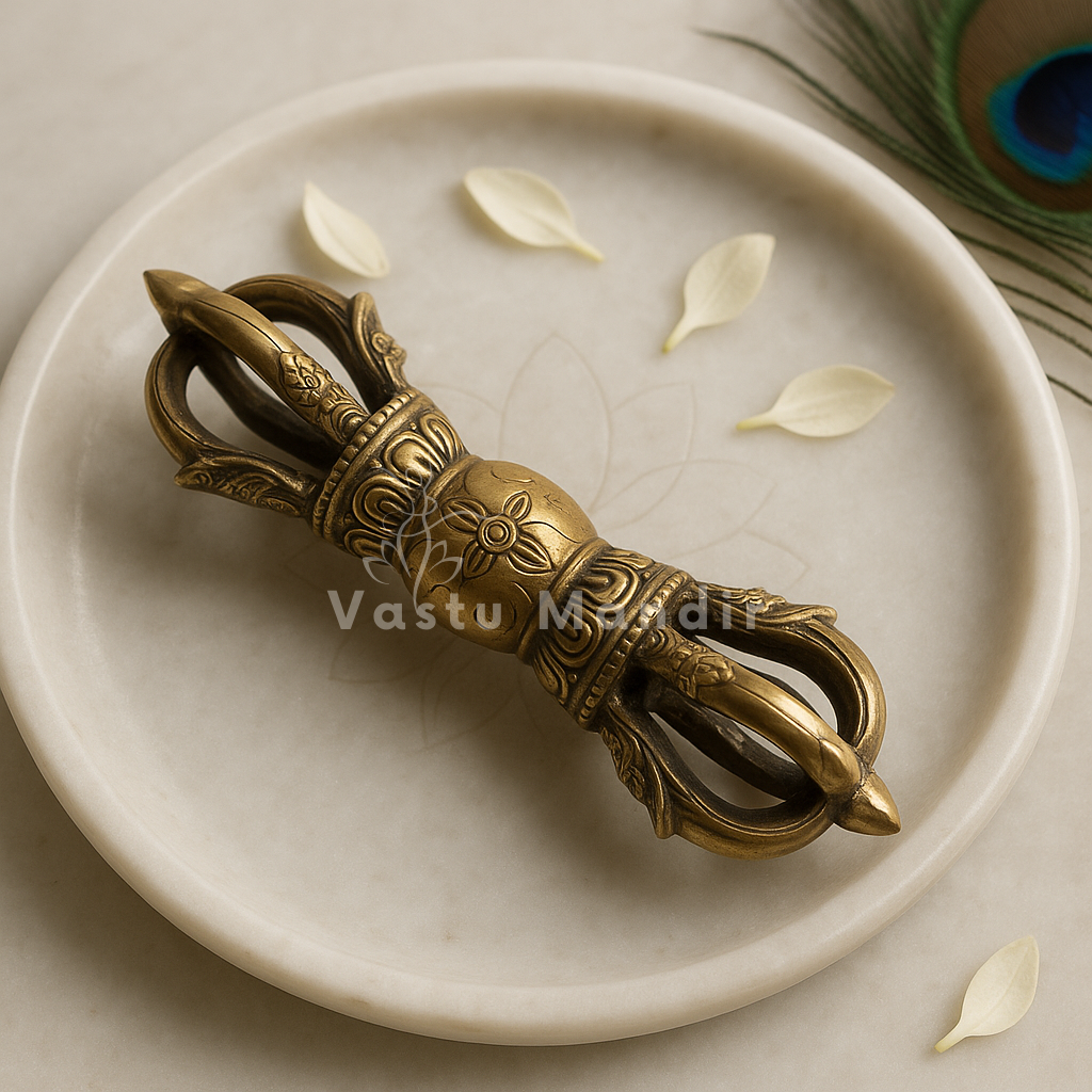 Large pure brass Vajra Dorje opposite angled view on a white plate
