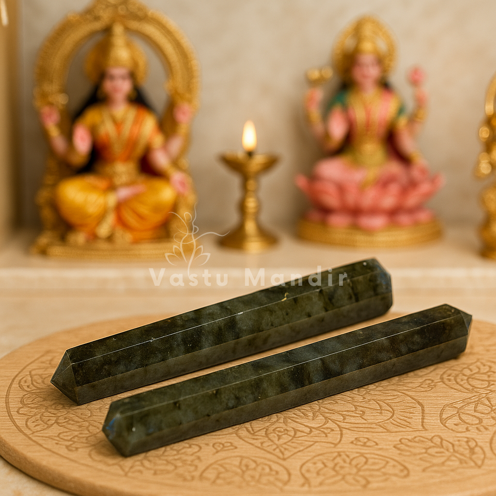 Labradorite crystal pencil presented in a clear lifestyle setting