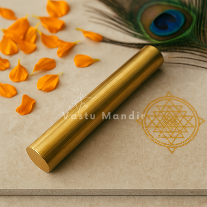 Polished brass geopathic rod displayed with a sacred geometric symbol