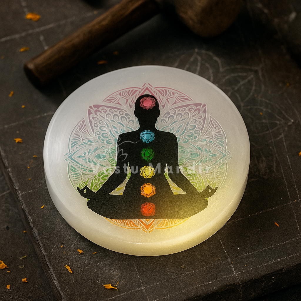 Aura color selenite plate arranged in a warm low-light product setting