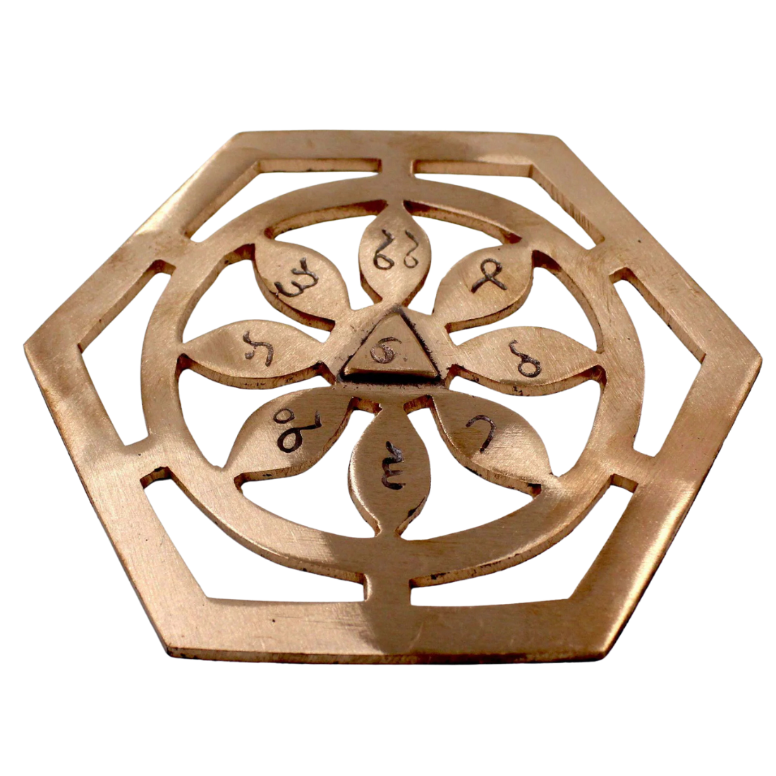 Copper bhoum yantra showing its form against a plain white background